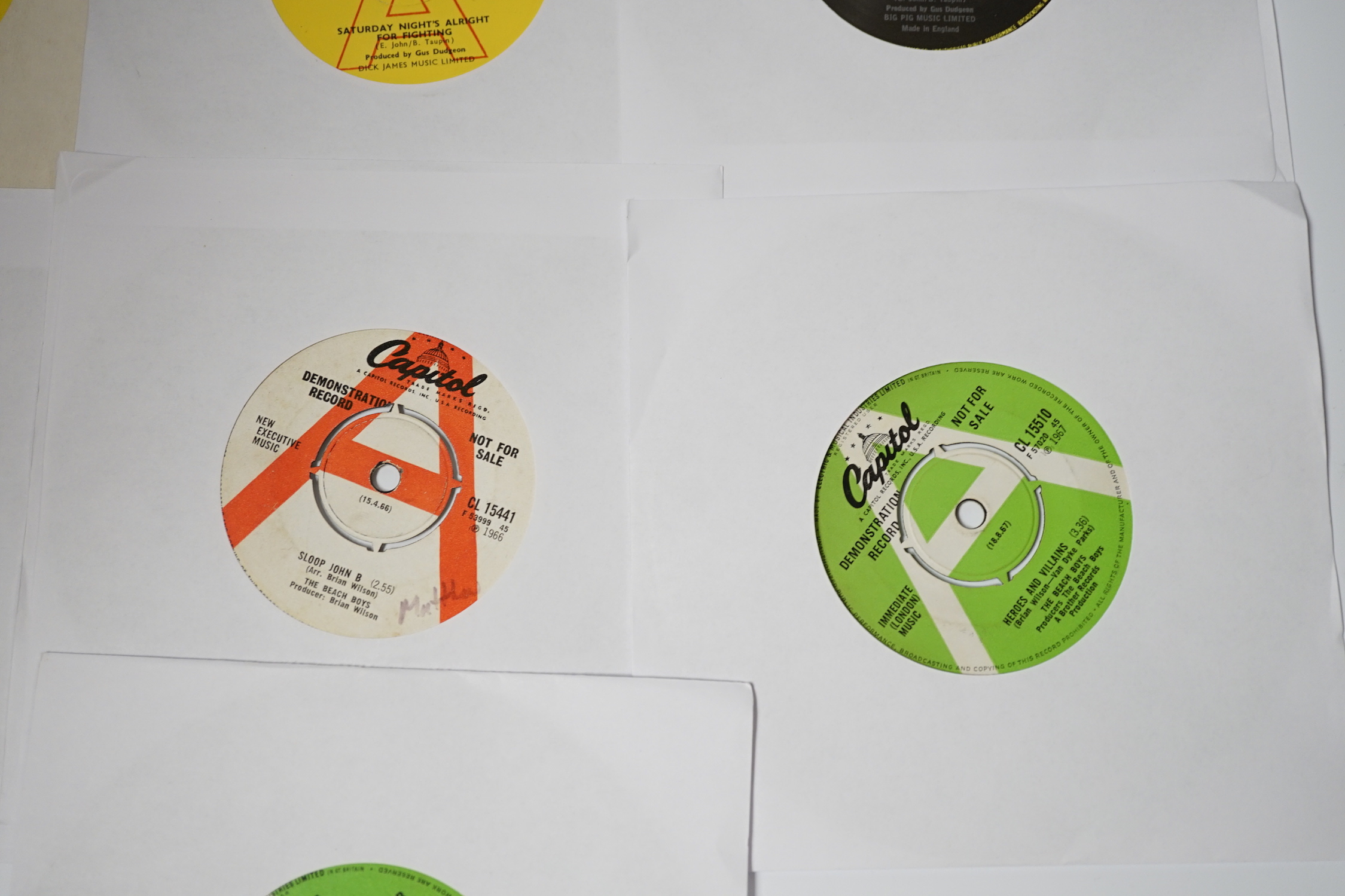 Ten demo 7” singles, all with printed demo labels by The Beatles (and related), Elton John and The Beach Boys, singles include; Lady Madonna, Don’t Let the Sun Go Down on Me, Crocodile Rock, Saturday Night’s Alright For